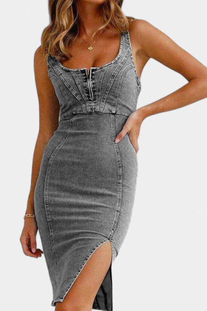 Janessa Robe Bodycon en Denim à Zip Frontal et Fente Haute