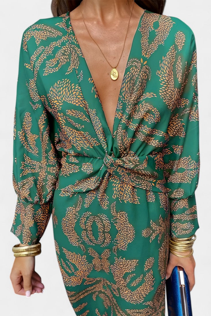 Elara Robe Longue Fluide à Nœud Taille et Décolleté V