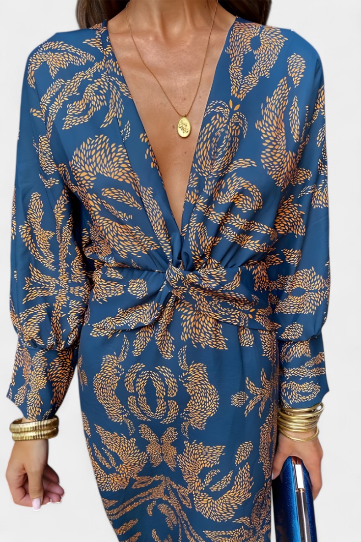 Elara Robe Longue Fluide à Nœud Taille et Décolleté V