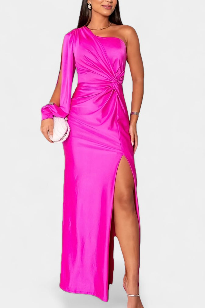 Charlotte - Robe Longue Une Épaule Drapée Manche Unique Fendue Taille Torsadée Fente Latérale