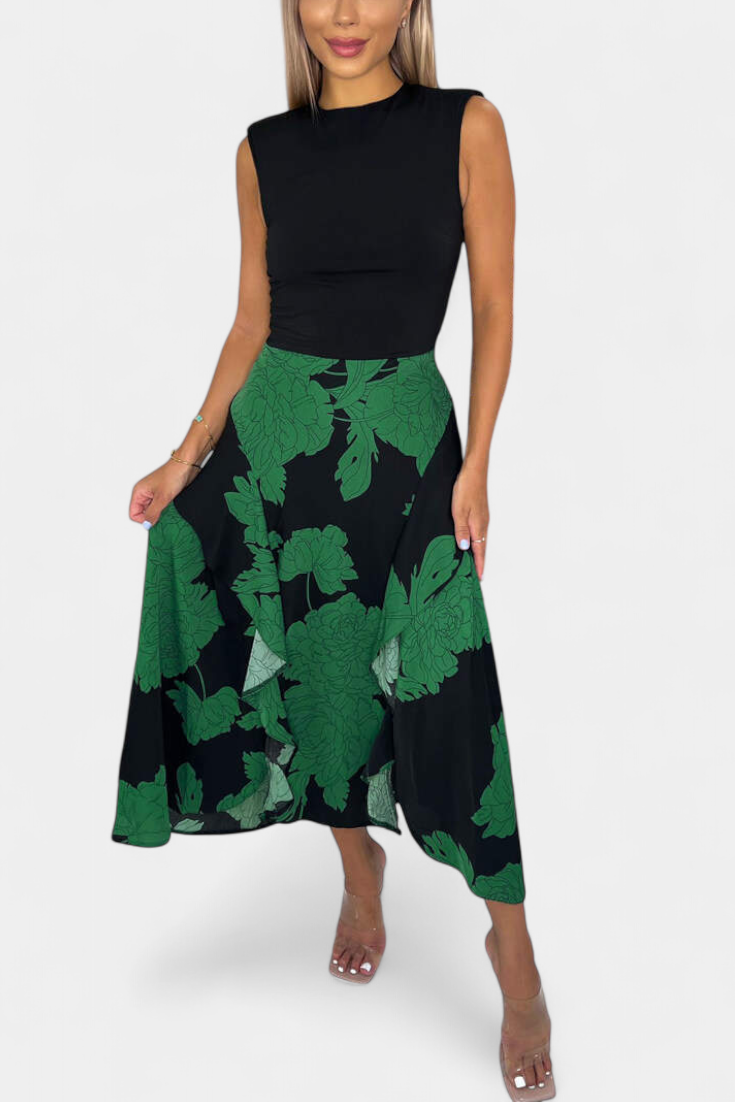 Raquel Robe Bicolore à Top en Tricot et Jupe Fleurie