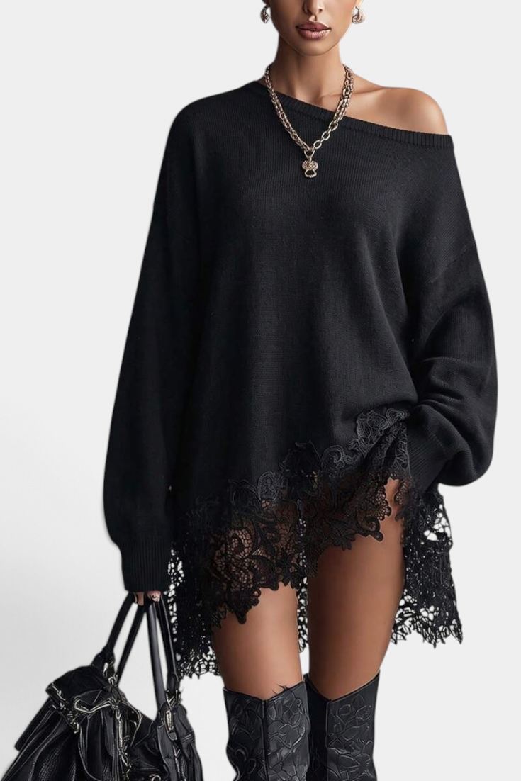 Mahaute black oversized knit sweater dress with an off-shoulder neckline and delicate floral lace hem detail.