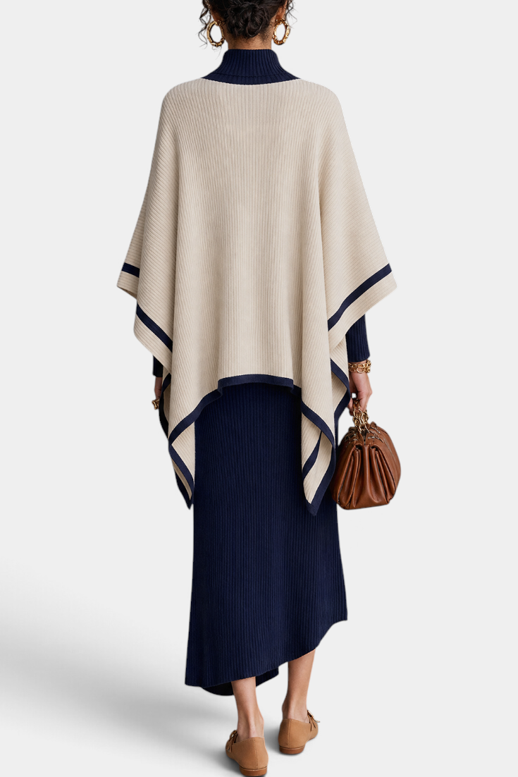 Mahaute Skyelle ribbed knit long dress and poncho set in navy and cream with contrast trim, back view