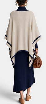 Mahaute Skyelle ribbed knit long dress and poncho set in navy and cream with contrast trim, back view