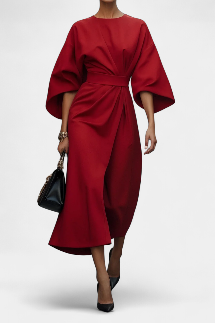 Micaela Robe Midi à Manches Lantern et Taille Définie