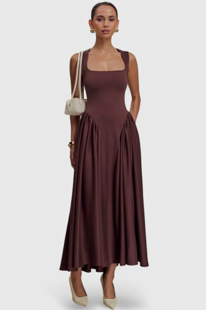 Verona Robe Midi à Décolleté Carré et Taille Froncée