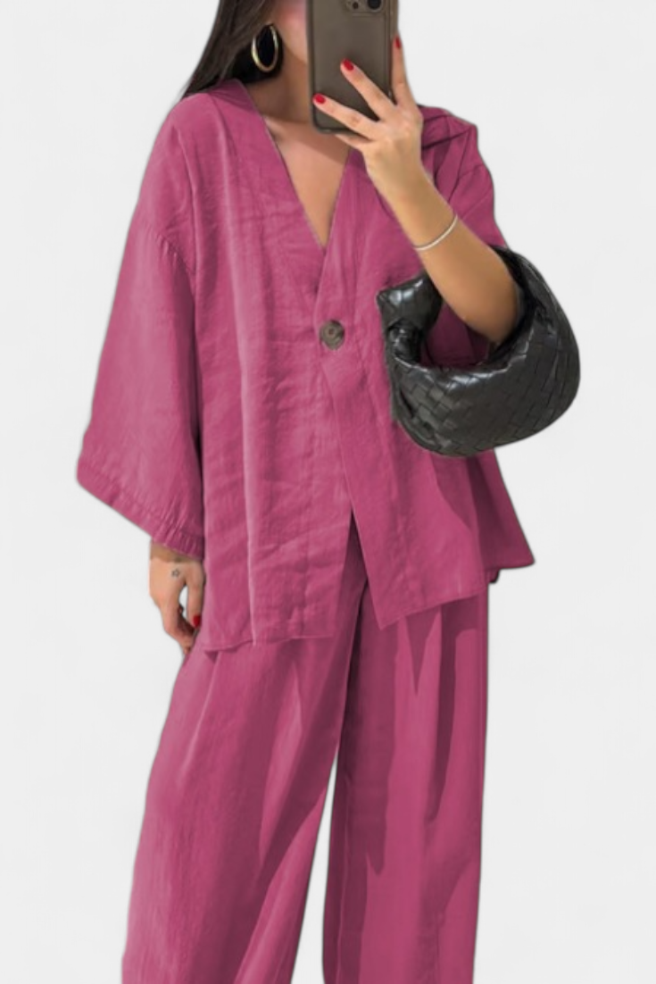 Eli Ensemble Top à Col V et Pantalon à Coupe Droite