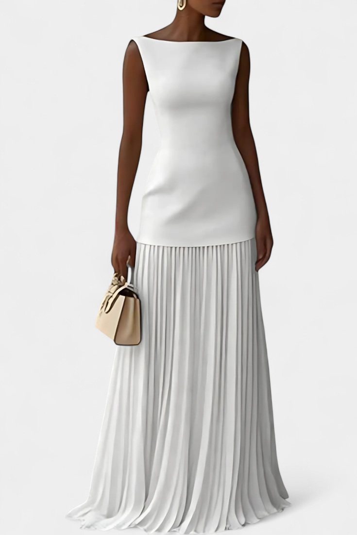 Silvana Robe Longue Plissée en Chiffon à Col Bateau