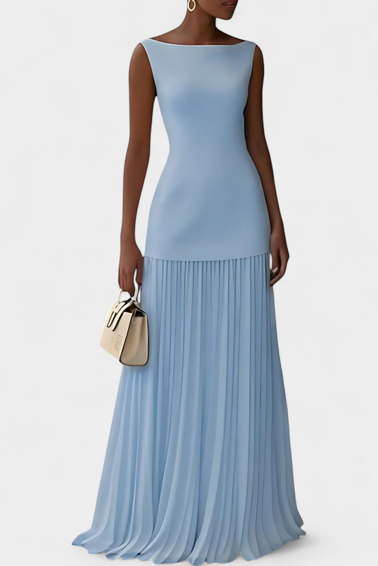 Silvana Robe Longue Plissée en Chiffon à Col Bateau