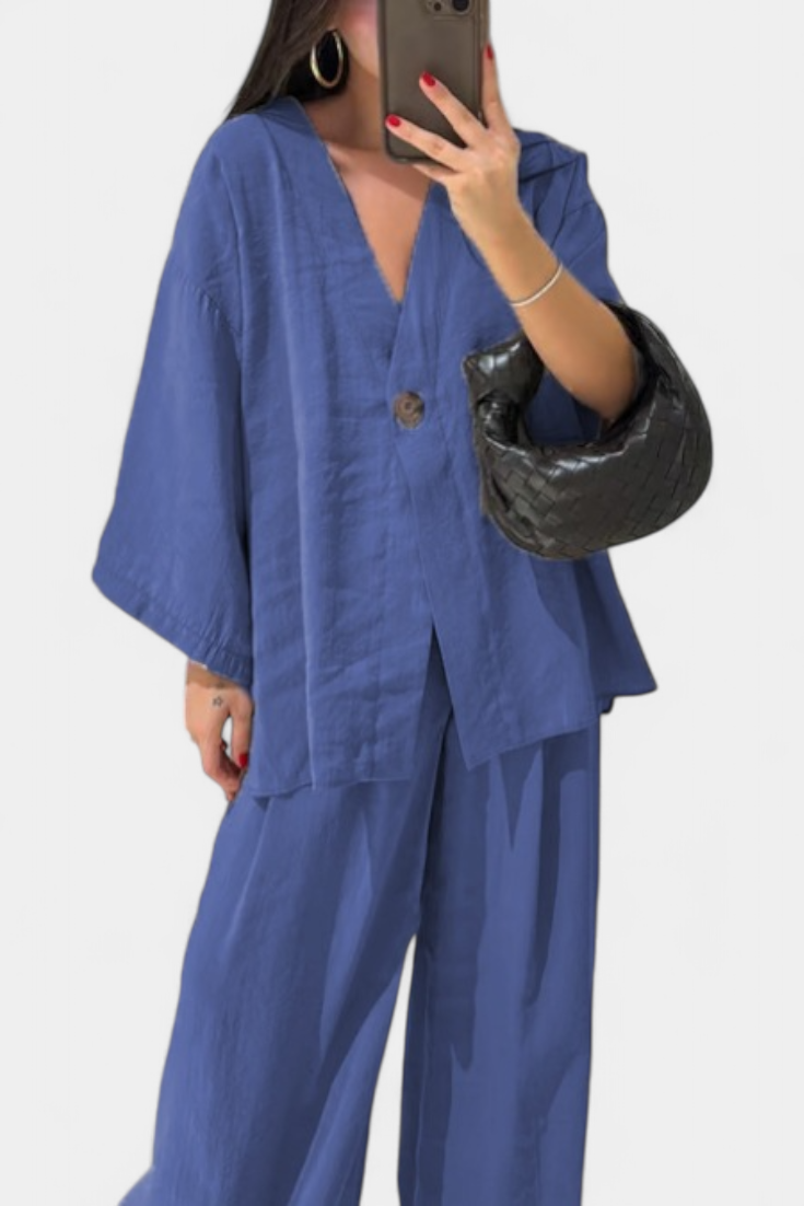 Eli Ensemble Top à Col V et Pantalon à Coupe Droite