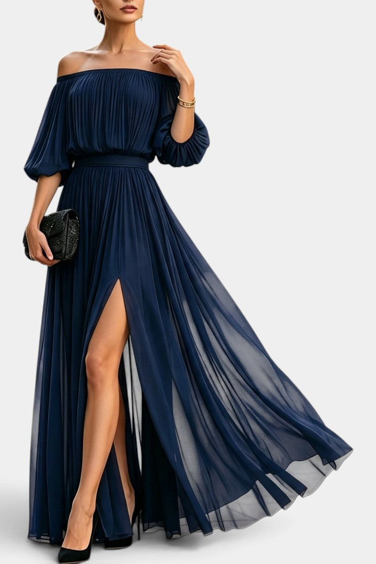 Vestido largo plisado de chifón con hombros descubiertos Solange
