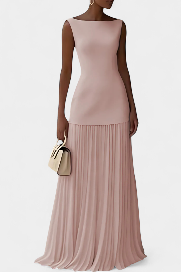 Silvana Robe Longue Plissée en Chiffon à Col Bateau