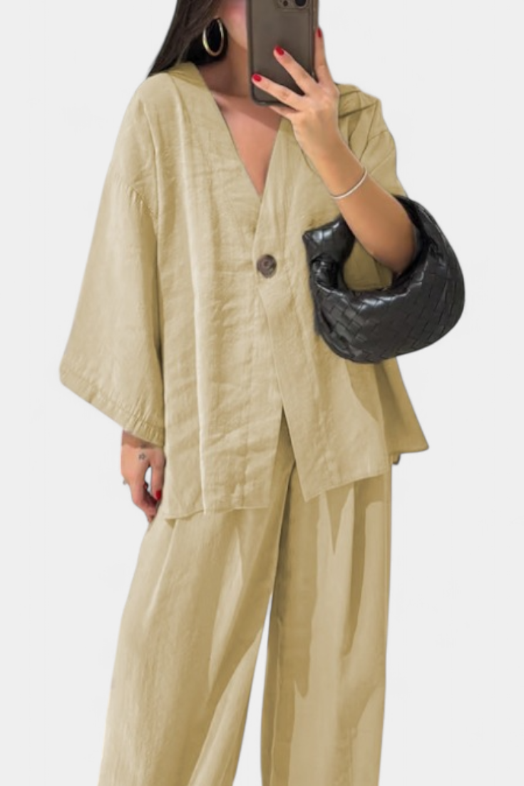 Eli Ensemble Top à Col V et Pantalon à Coupe Droite