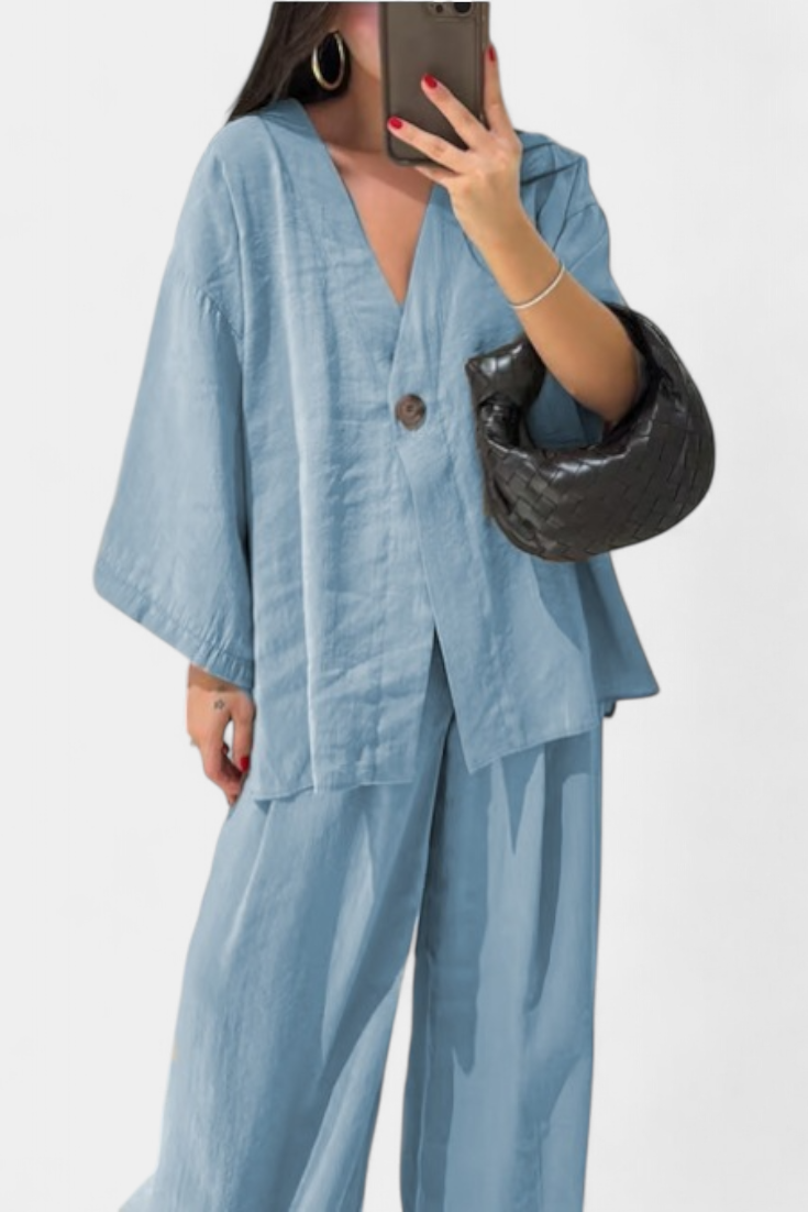 Eli Ensemble Top à Col V et Pantalon à Coupe Droite