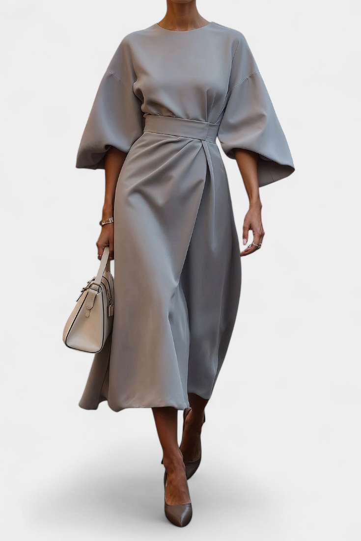 Micaela Robe Midi à Manches Lantern et Taille Définie