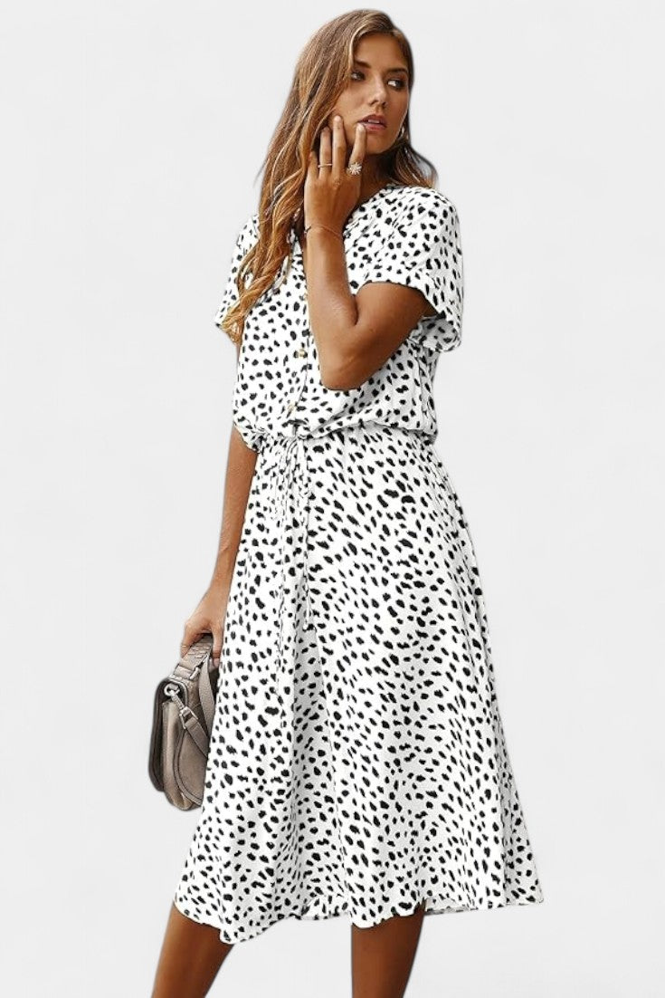 Robe Midi à Pois Rovena avec Col Chemisier et Taille Réglable