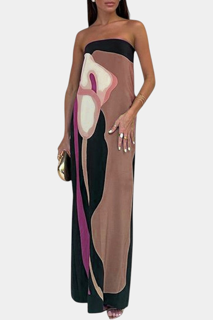 Laura Robe Maxi Sans Bretelles à Imprimé Floral Abstrait
