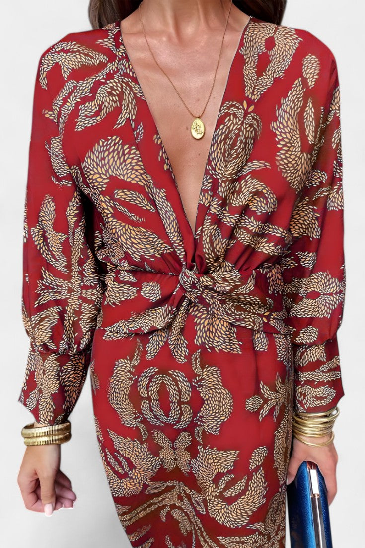 Elara Robe Longue Fluide à Nœud Taille et Décolleté V