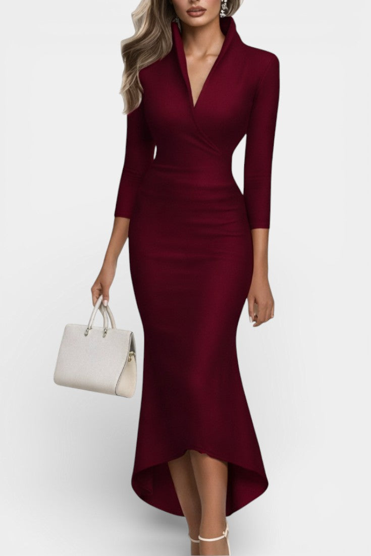 Raven Robe Longue Satinée à Décolleté Cache-Cœur et Ourlet Asymétrique