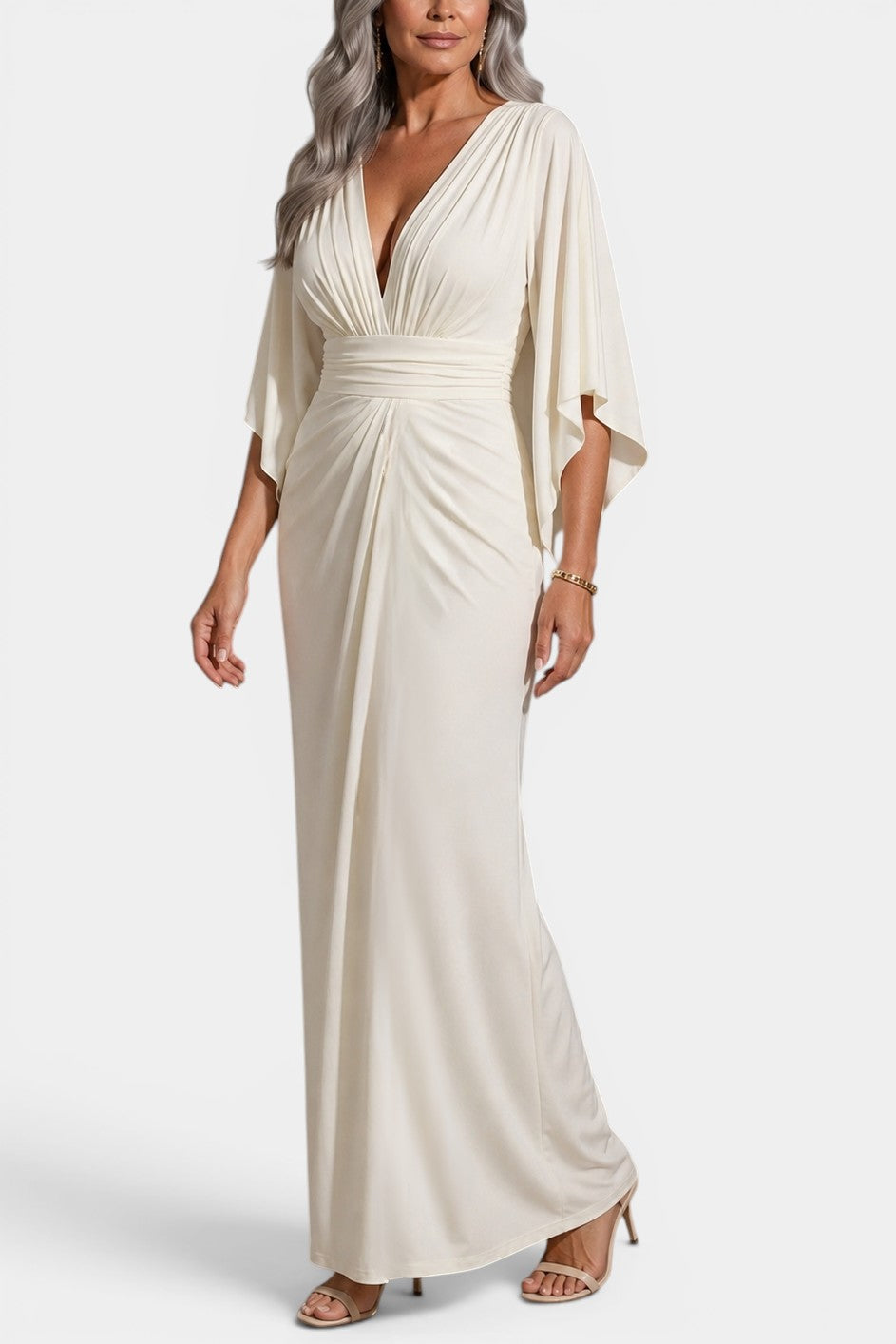 Athénaïs - Robe Longue Drapée Manches Cape