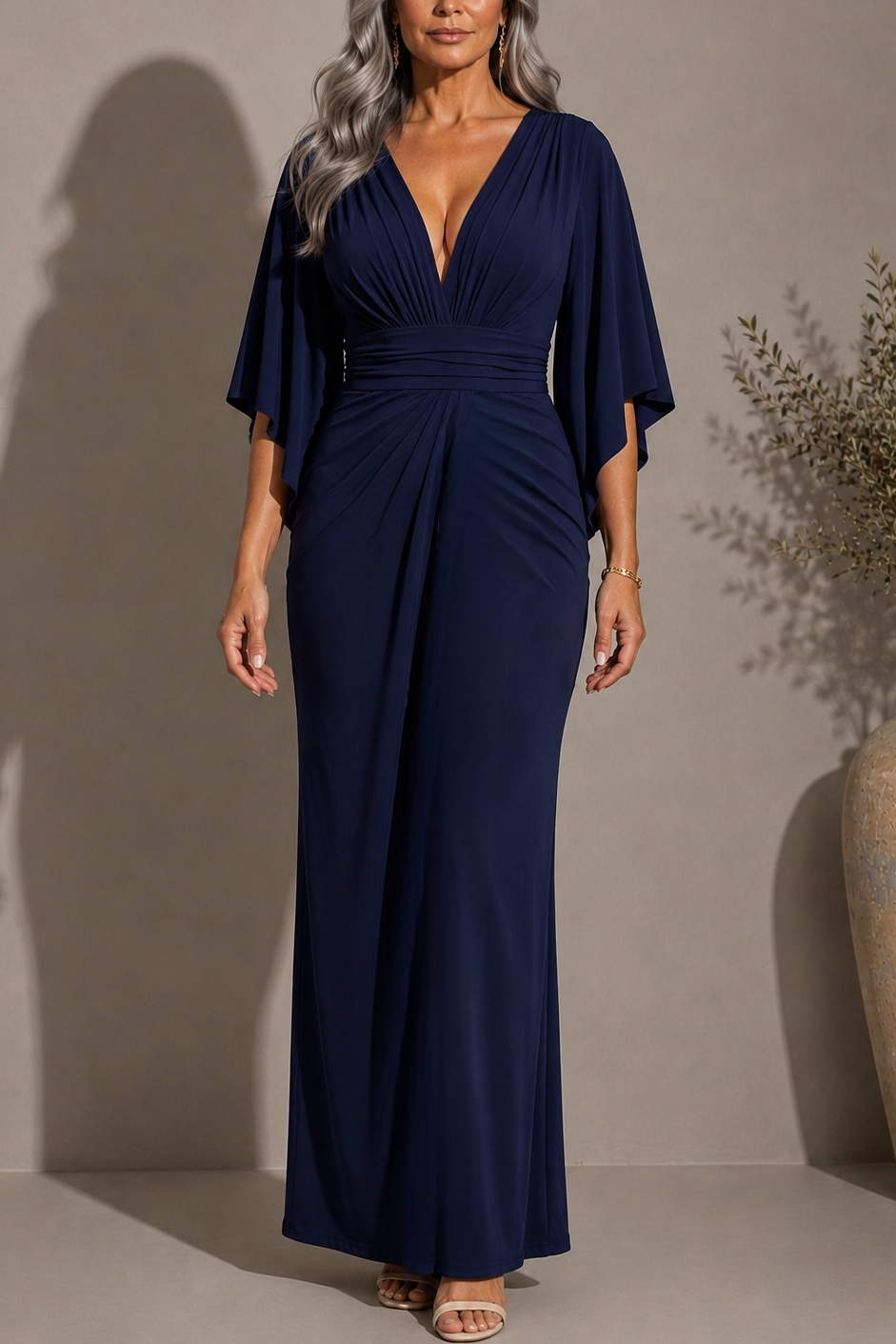 Athénaïs - Robe Longue Drapée Manches Cape