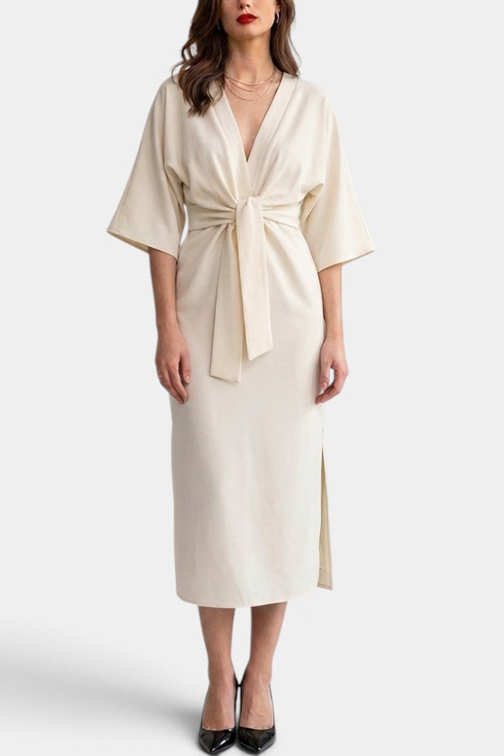 Ainhoa - Robe Mi-Longue à Décolleté V, Taille Nouée & Manches 3/4