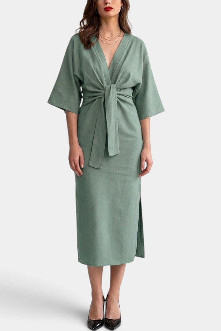 Ainhoa - Robe Mi-Longue à Décolleté V, Taille Nouée & Manches 3/4