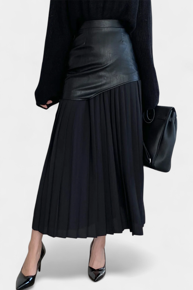 Noelle Jupe Asymétrique en Patchwork de Chiffon et Cuir Synthétique