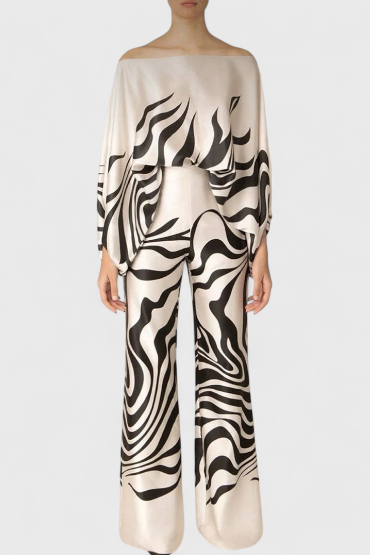 Sybella Ensemble à Haut Épaules Tombantes et Pantalon à Jambes Larges avec Imprimé Artistique