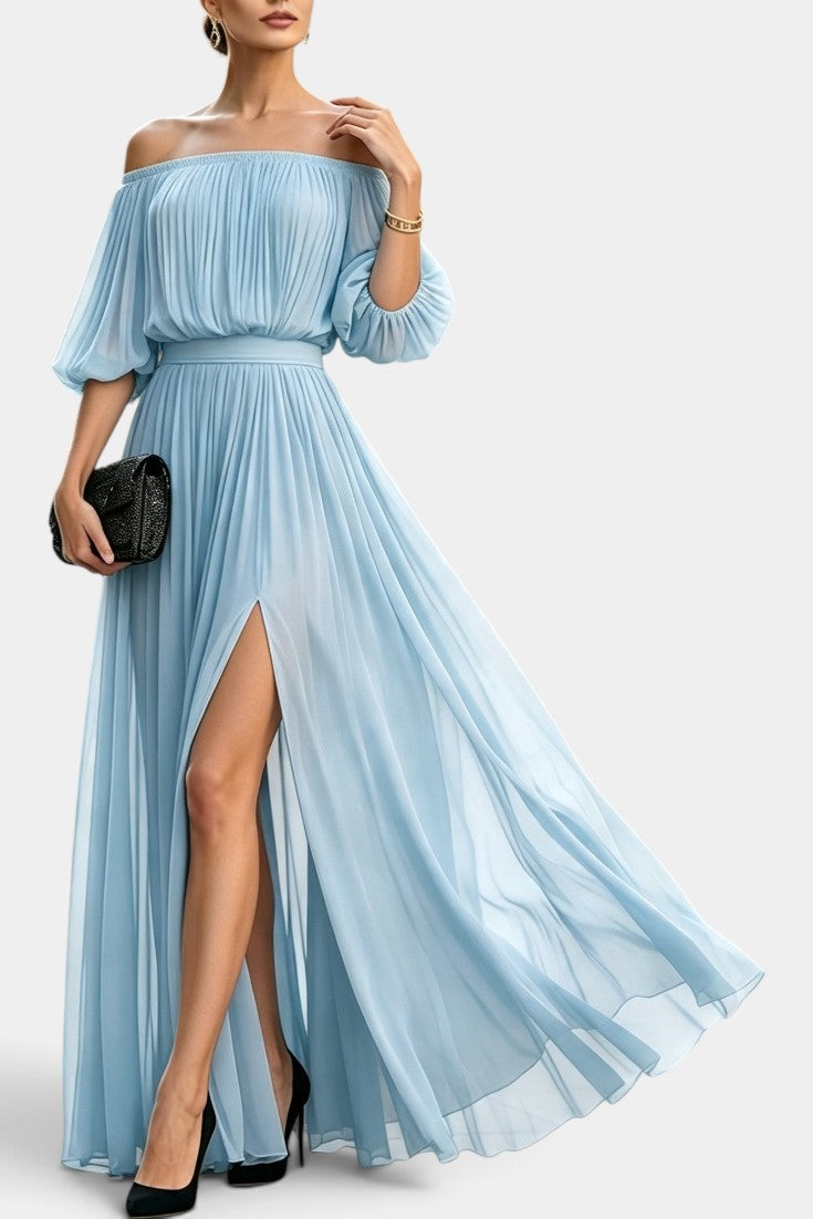 Vestido largo plisado de chifón con hombros descubiertos Solange