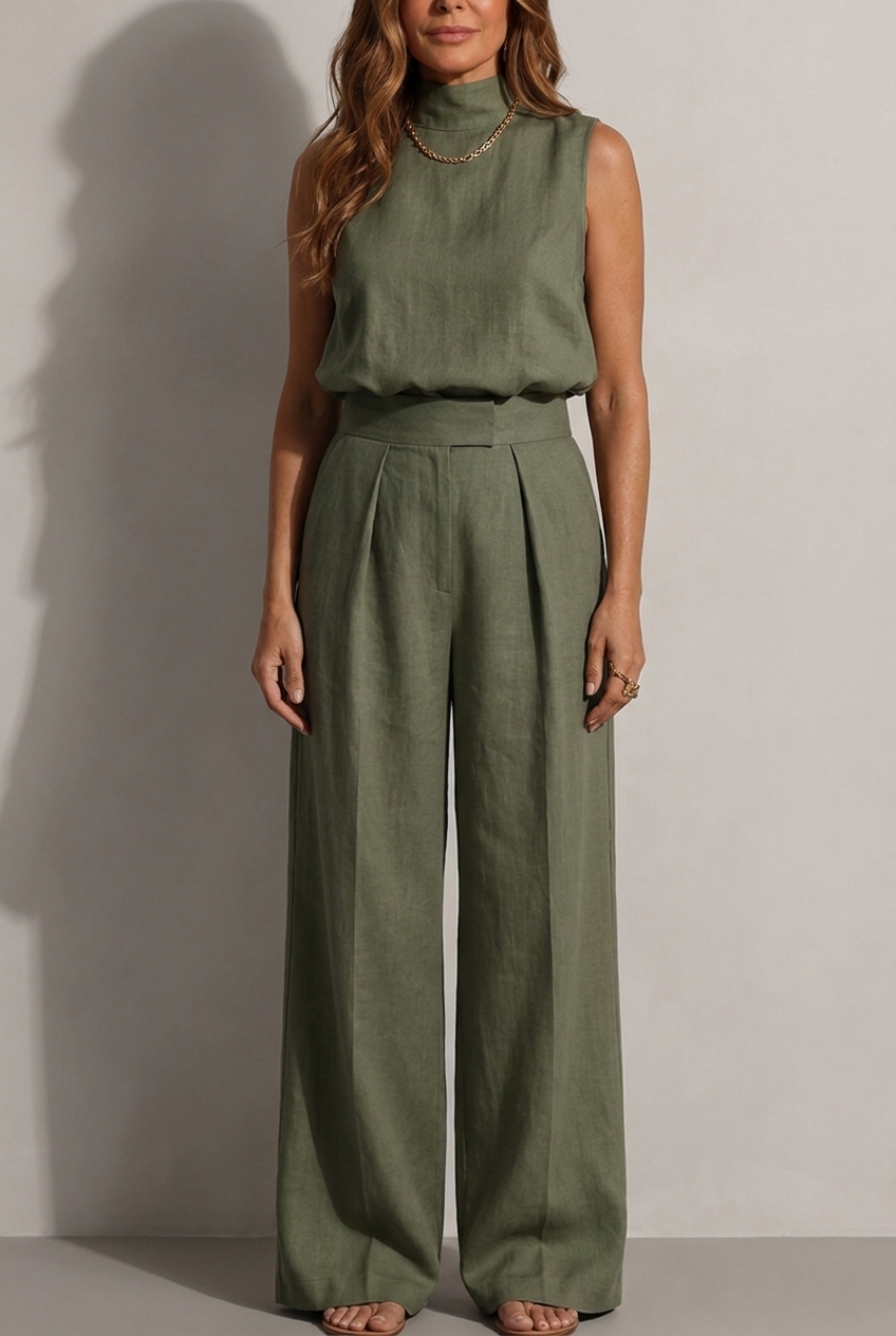 Darlene - Ensemble Top Col Montant & Pantalon Large