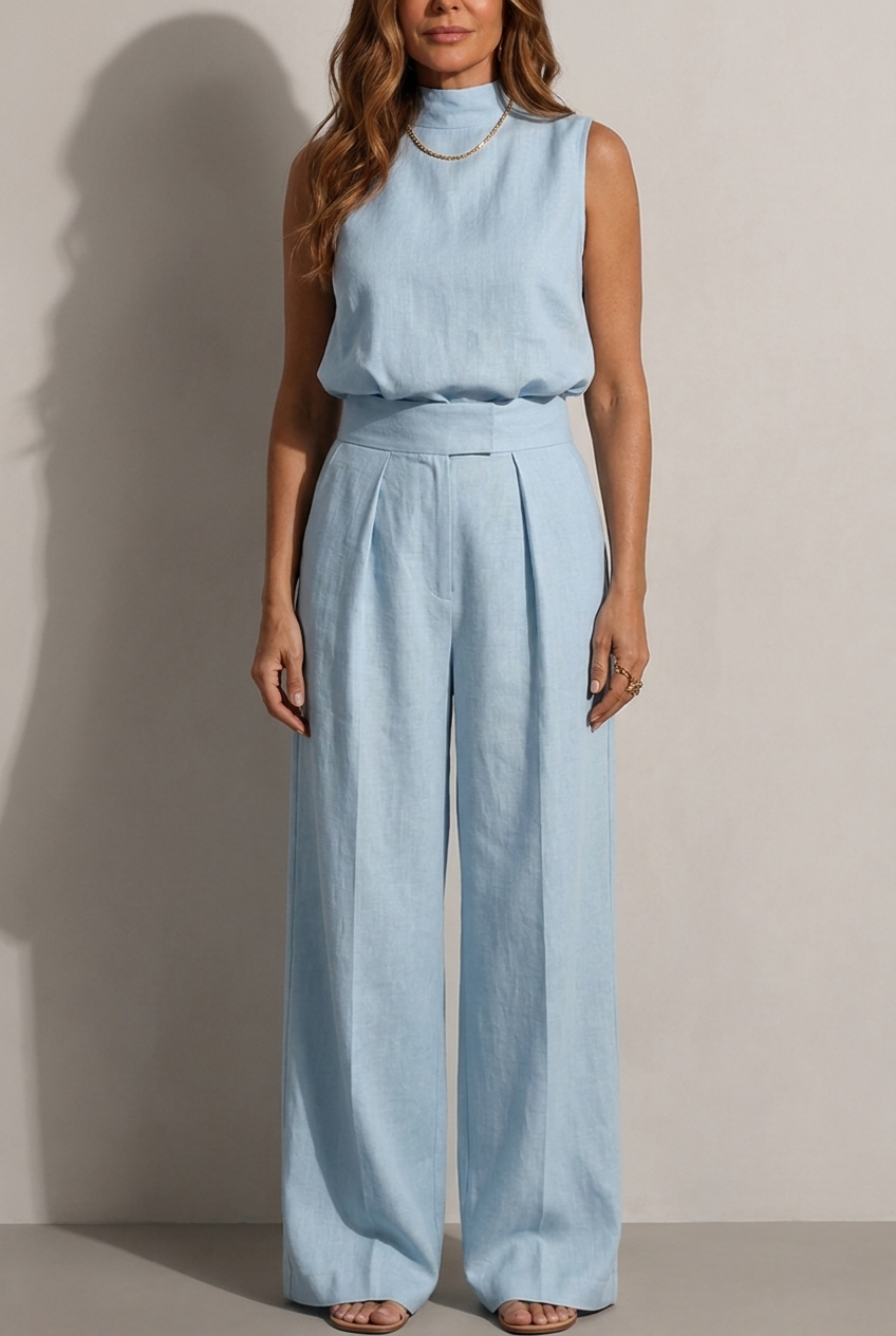 Darlene - Ensemble Top Col Montant & Pantalon Large