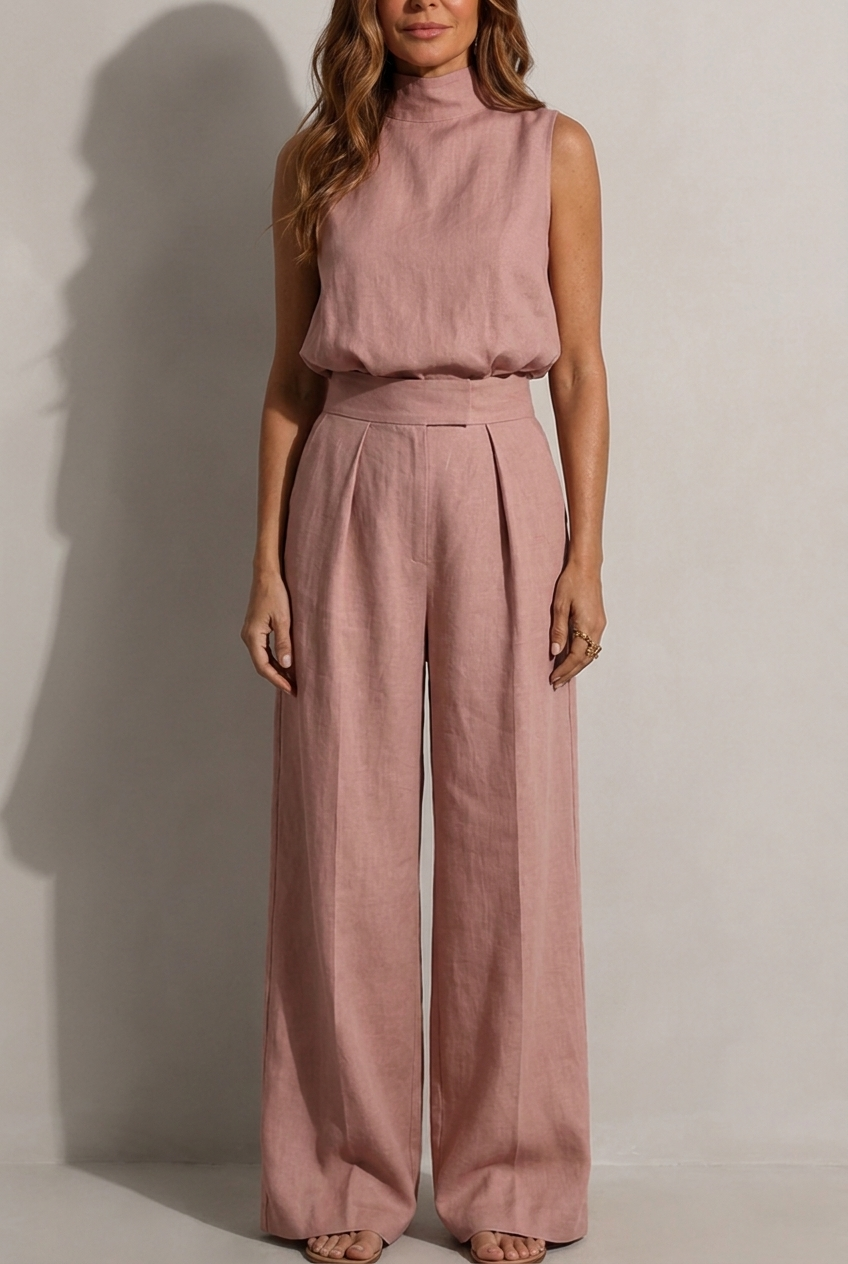 Darlene - Ensemble Top Col Montant & Pantalon Large