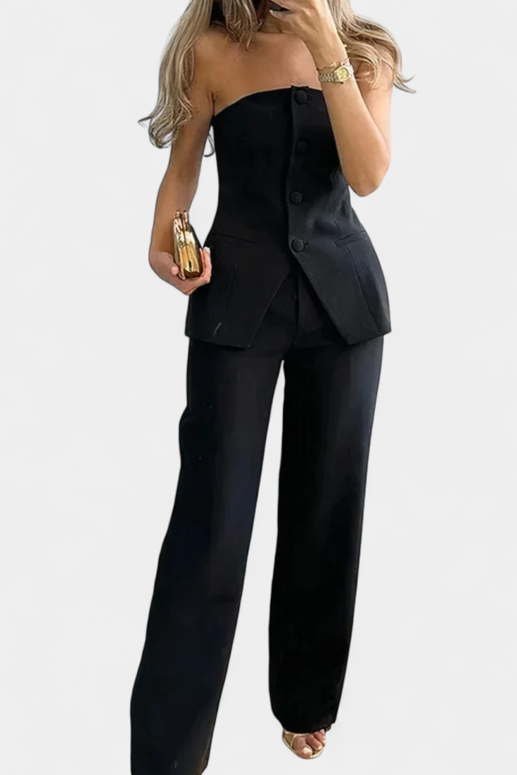 Ekaterina Ensemble Sans Bretelles à Pantalon Taille Haute et Jambes Amples