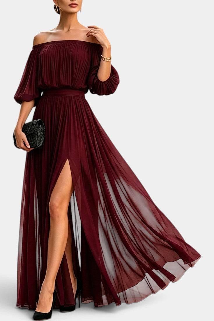 Vestido largo plisado de chifón con hombros descubiertos Solange