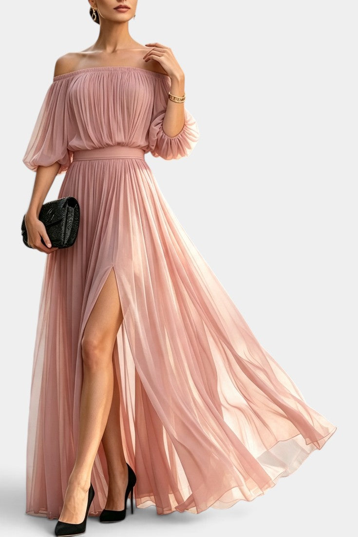 Vestido largo plisado de chifón con hombros descubiertos Solange