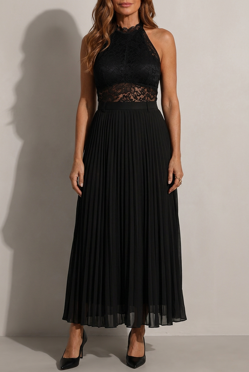 Gratienne - Robe Longue Halter Buste Dentelle Jupe Plissée