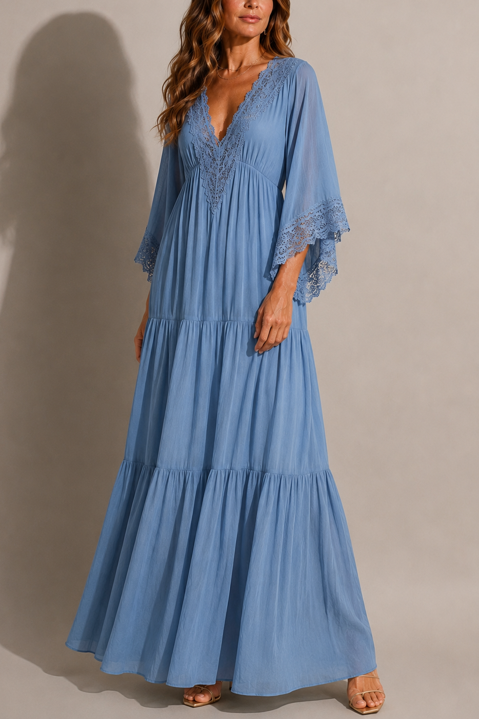 Indie - Vestido Largo Escote V de Encaje Corte Holgado