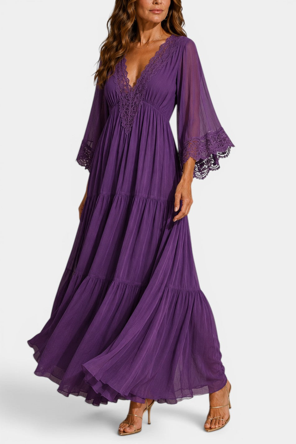 Indie - Robe Longue Col V en Dentelle Coupe Ample