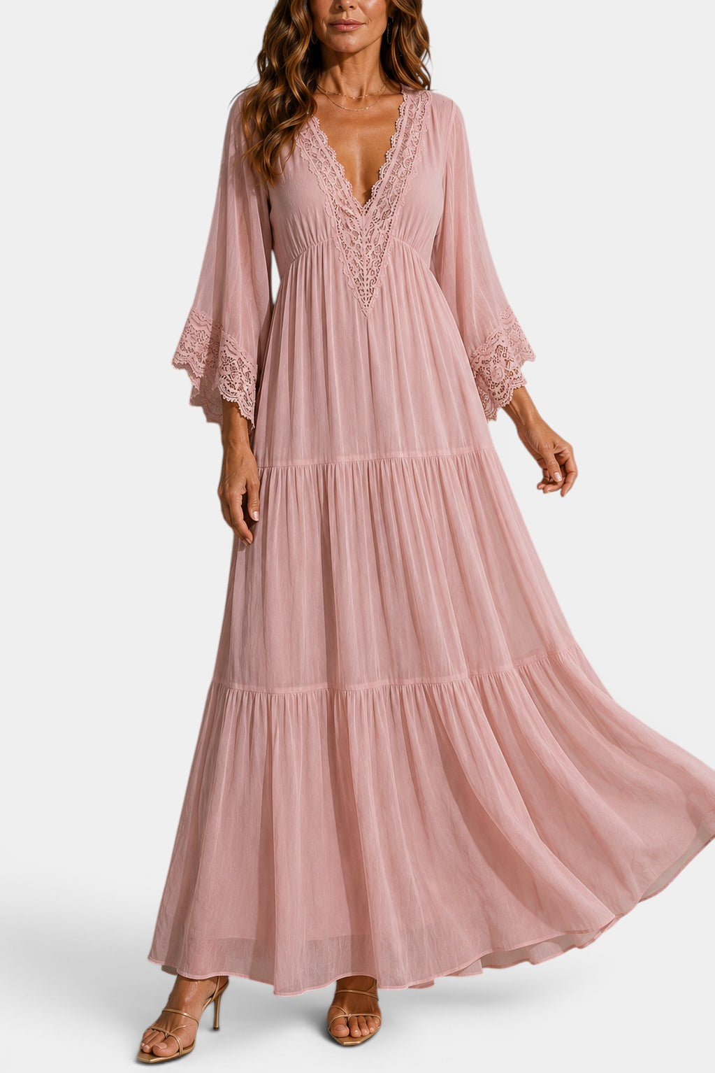 Indie - Robe Longue Col V en Dentelle Coupe Ample