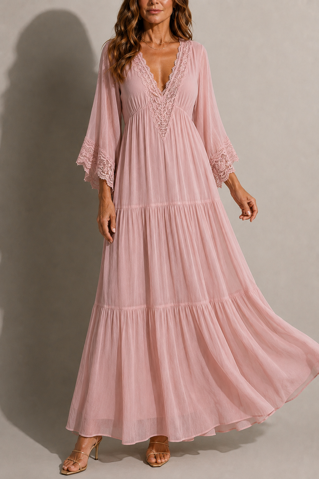 Indie - Vestido Largo Escote V de Encaje Corte Holgado