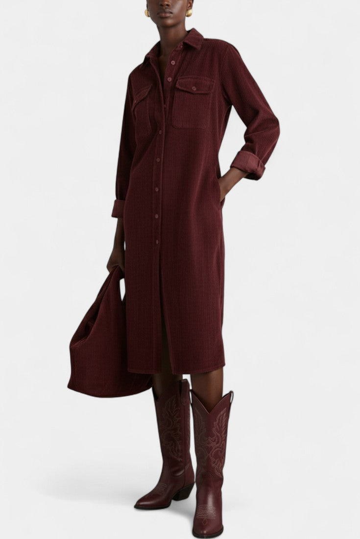 Zarza Robe Midi en Velours Côtelé avec Poches et Boutonnage Classique