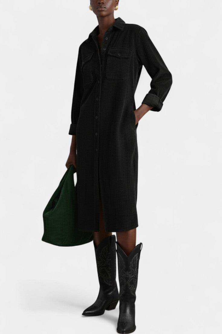 Zarza Robe Midi en Velours Côtelé avec Poches et Boutonnage Classique