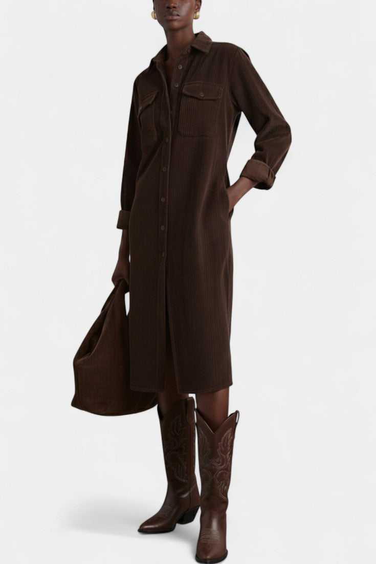 Zarza Robe Midi en Velours Côtelé avec Poches et Boutonnage Classique