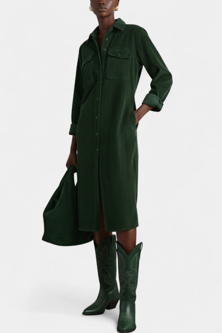 Zarza Robe Midi en Velours Côtelé avec Poches et Boutonnage Classique