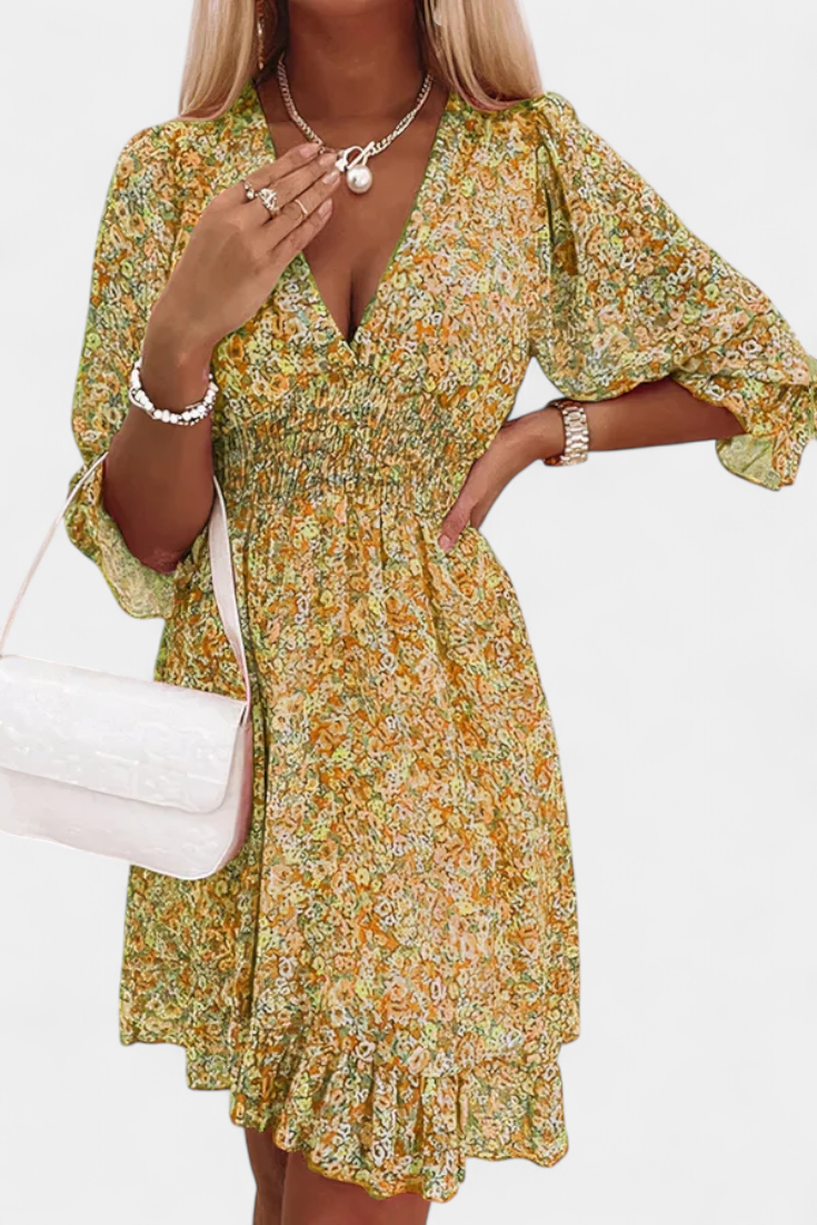 Benicia Robe à Manches Bouffantes et Ourlet Joueur - Motif Floral