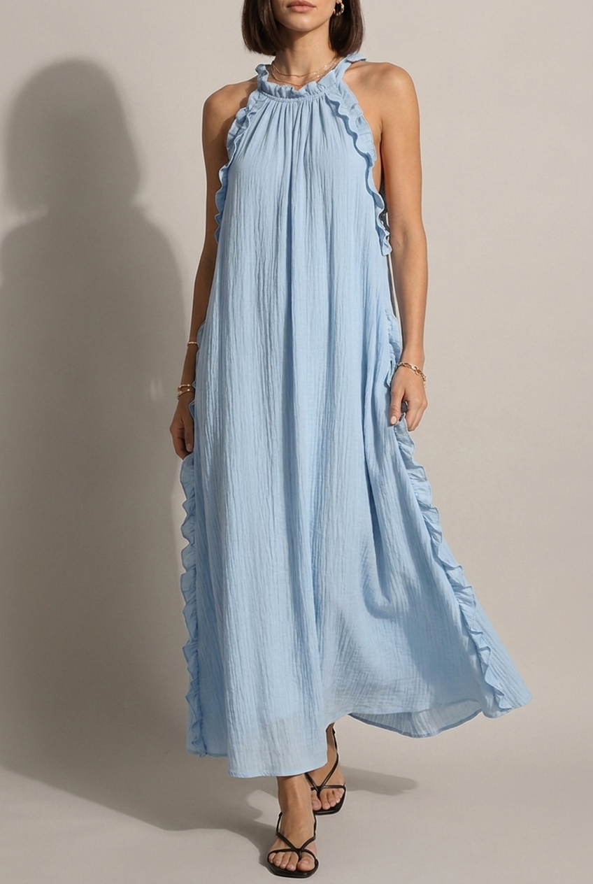 Lysandra - Robe Longue Halter Volants Latéraux Dos Nu