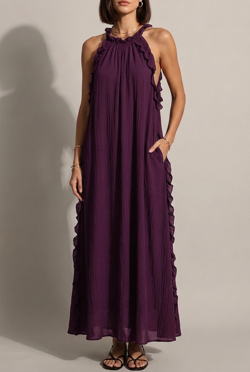 Lysandra - Robe Longue Halter Volants Latéraux Dos Nu