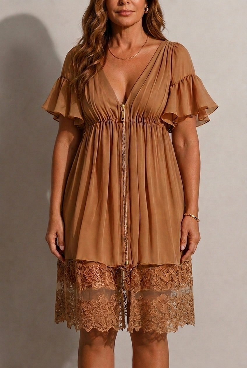 Lirone - Robe Mini Col V Plongeant Zip Doré Manches Volantées & Ourlet Dentelle