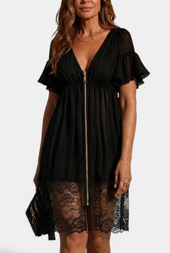Lirone - Robe Mini Col V Plongeant Zip Doré Manches Volantées & Ourlet Dentelle